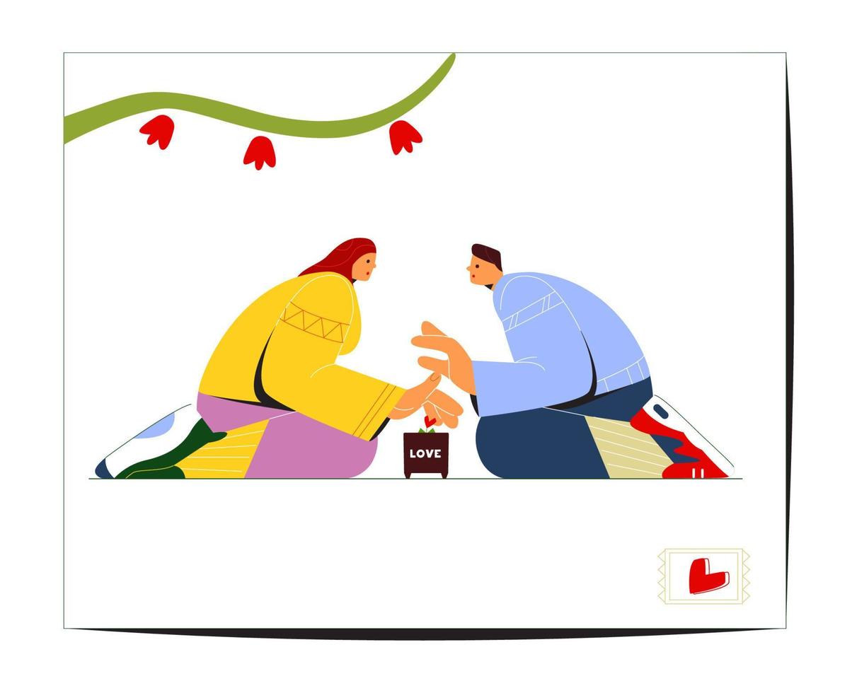 Creative Saint Valentine's Day Greeting Card Flat Vector Design. Couple Sitting On Knees Covering And Protecting Love Plant In Pot With Hands. Stylized Modern People Illustration. First Love Concept.