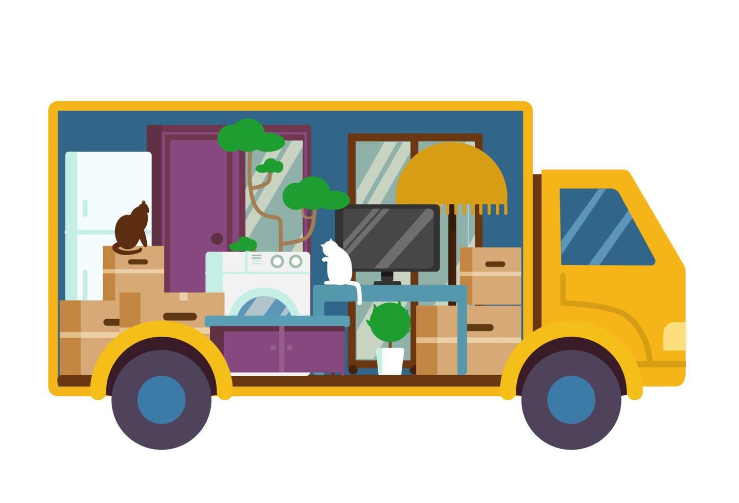 Moving truck full of furniture and boxes. Inside view. Flat vector illustration.