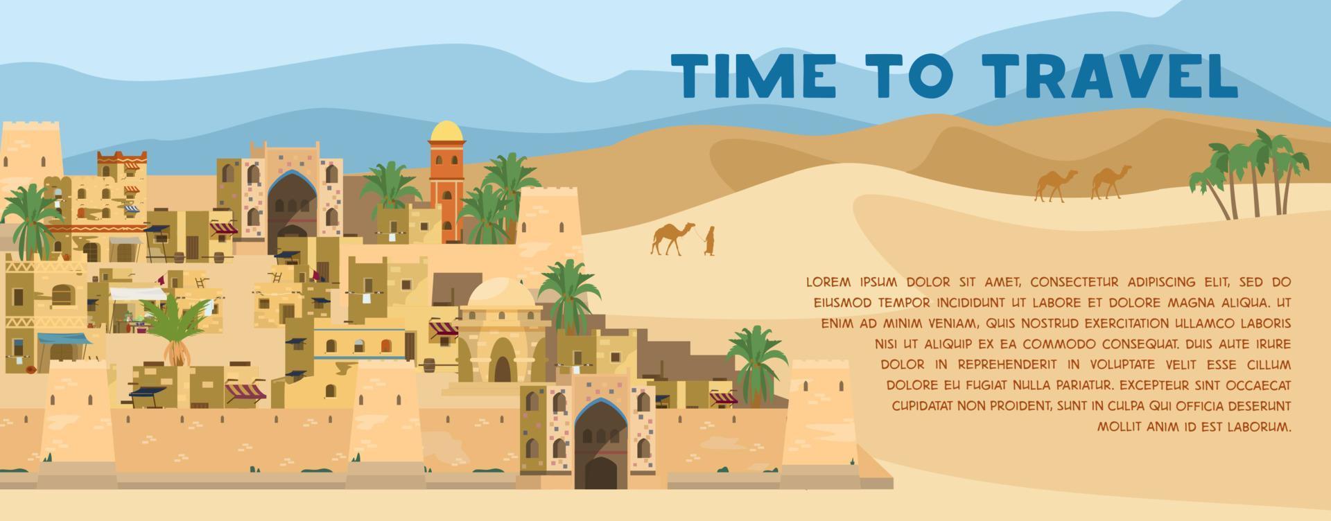 hora de viajar banner vectorial con ilustración de la antigua ciudad árabe en el paisaje desértico con casas tradicionales de ladrillos de barro, palmeras, camellos. diseño plano. vector