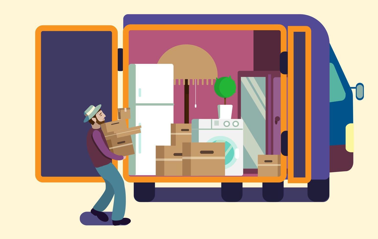 hombre cargando cajas pesadas al camión de mudanzas lleno de muebles y cajas. ilustración vectorial plana. vector