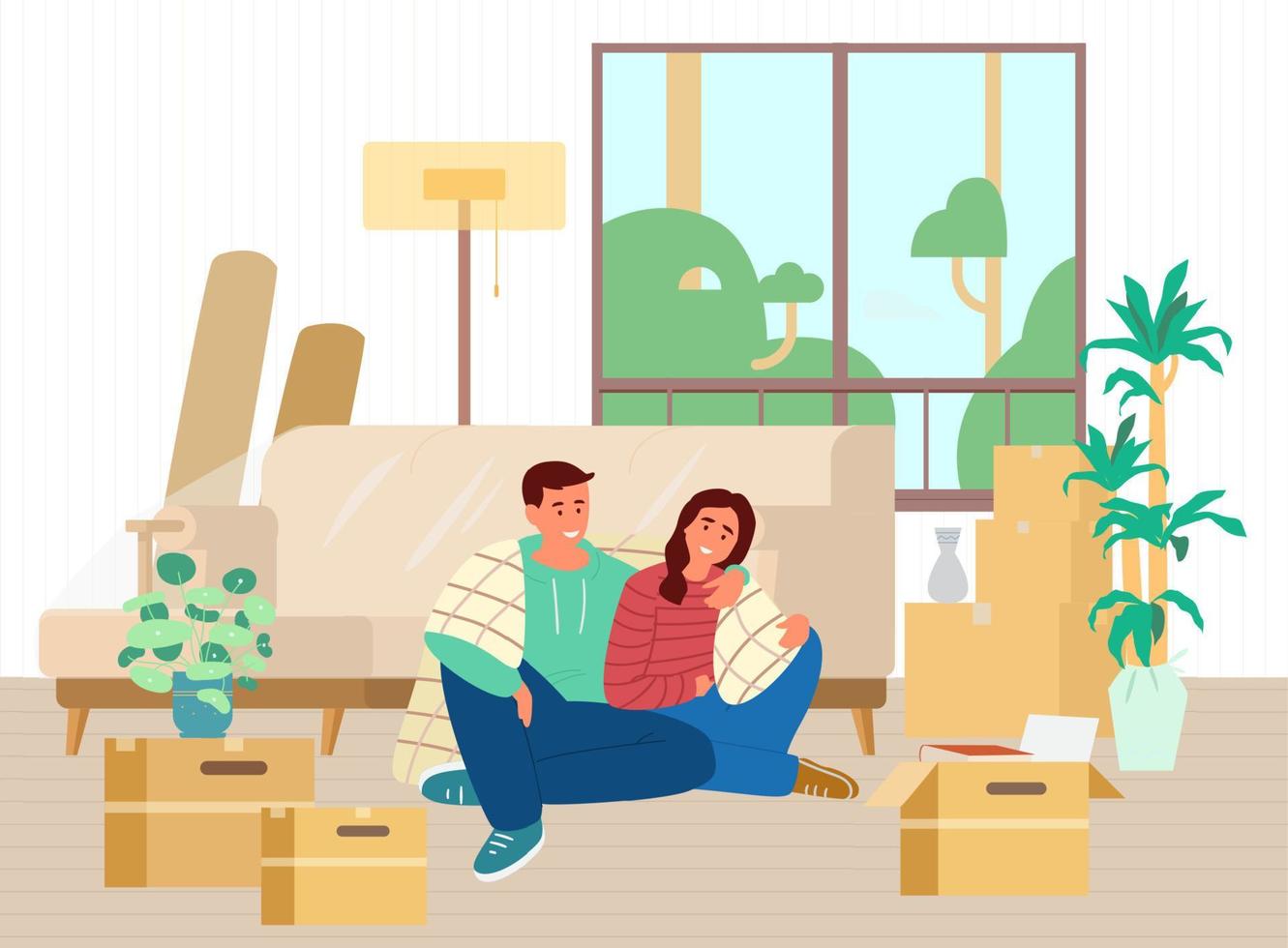 feliz pareja joven acaba de mudarse a una nueva casa sentada en el suelo entre cajas desempacadas y muebles de ilustración vectorial plana. vector