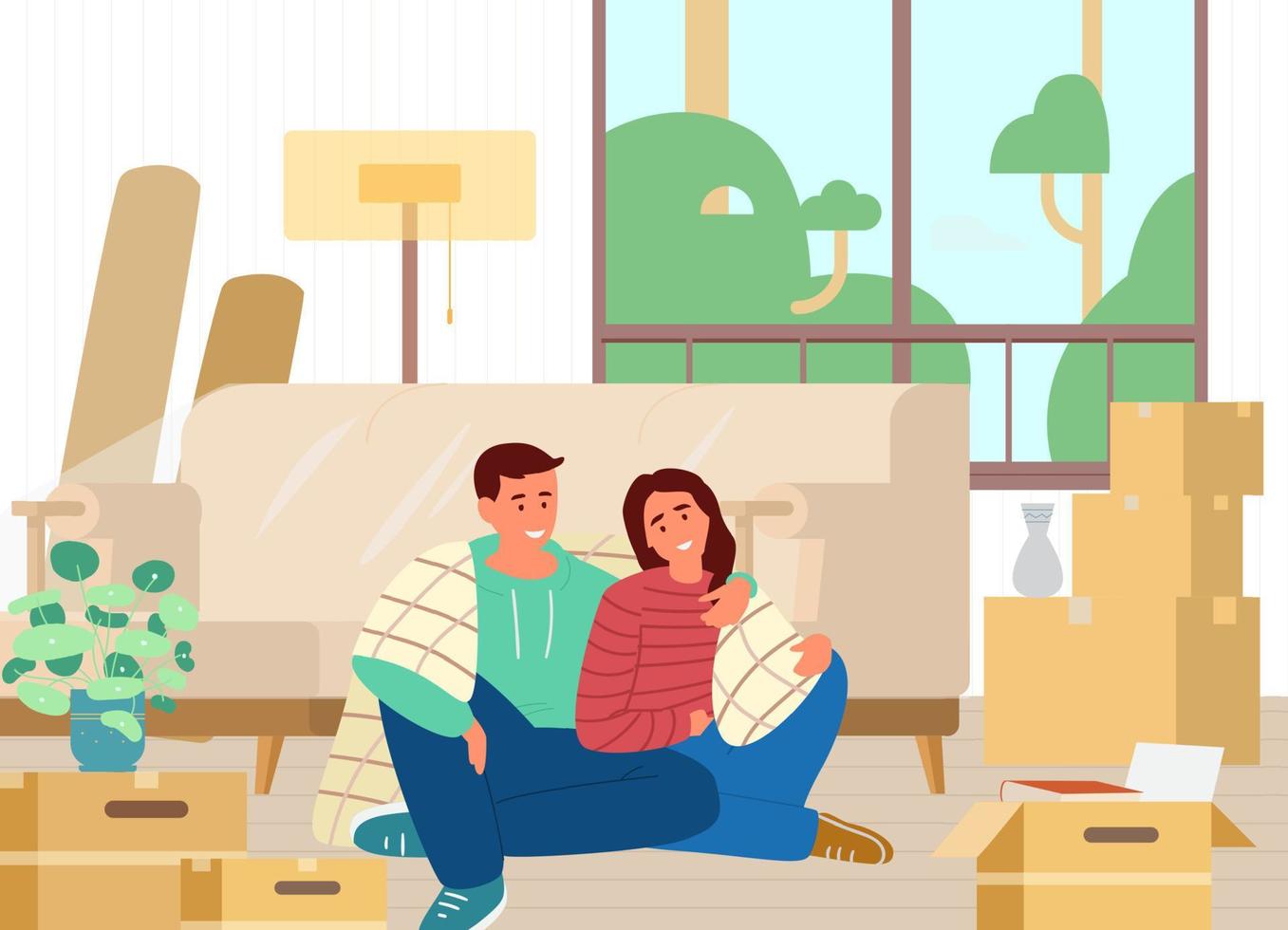 Happy Young Couple Just Moved Into New House Sitting On The Floor Among Unpacked Boxes And Furniture Flat Vector Illustration.