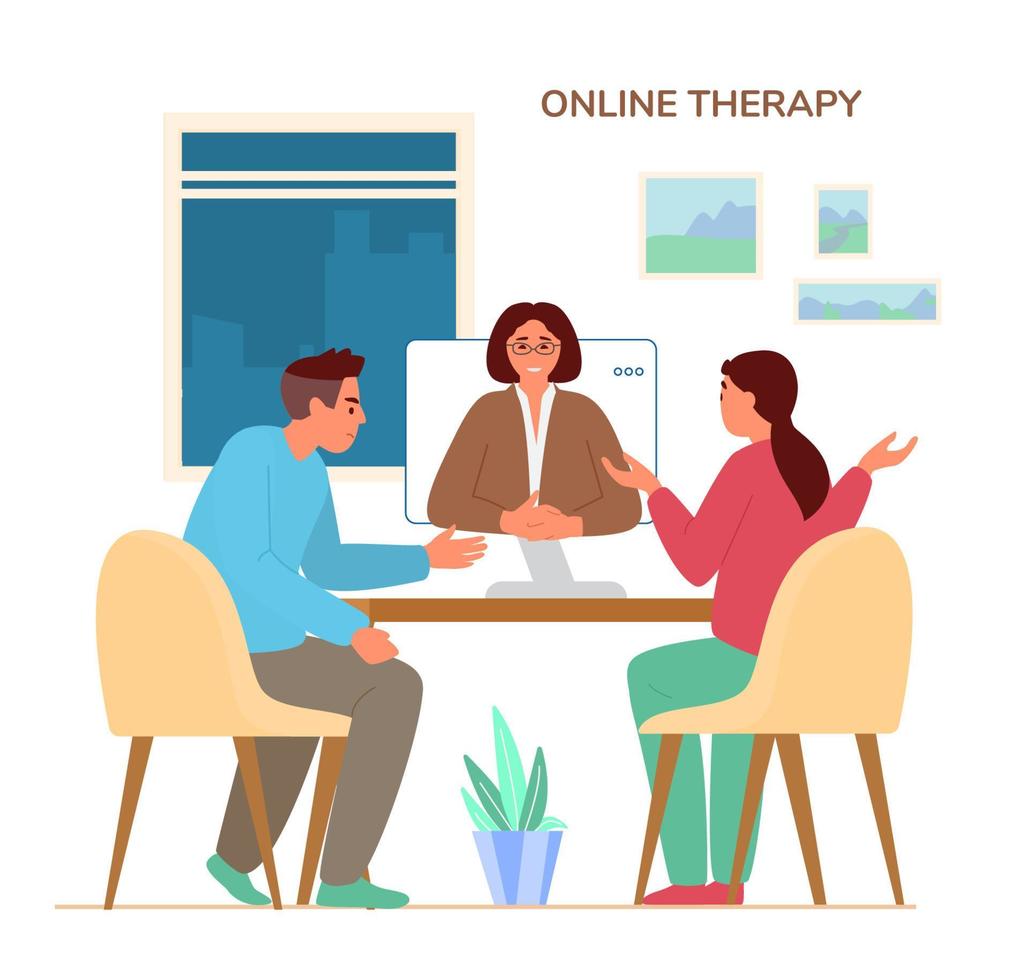 Online Family Therapy Concept Flat Vector Illustration. Couple Discussing Their Problems With Woman Psychologist Or Psychotherapist By Videoconference Call.