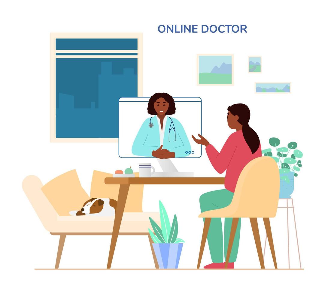 Online Doctor Consultation Concept. Afroamerican Woman Sitting At Desk At Home Talking To Doctor By Videoconference. Flat Vector Illustration.