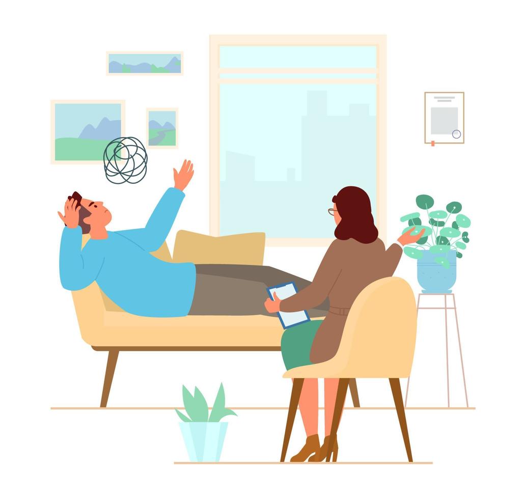 sesión de psicoterapia ilustración vectorial plana. hombre tendido en el sofá hablando de sus problemas con una psicóloga en su oficina. vector