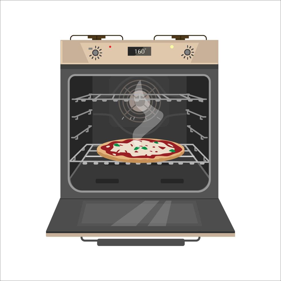 Vector illustration of opened gas stove with tasty pizza inside. Flat cartoon style. Isolated on white.