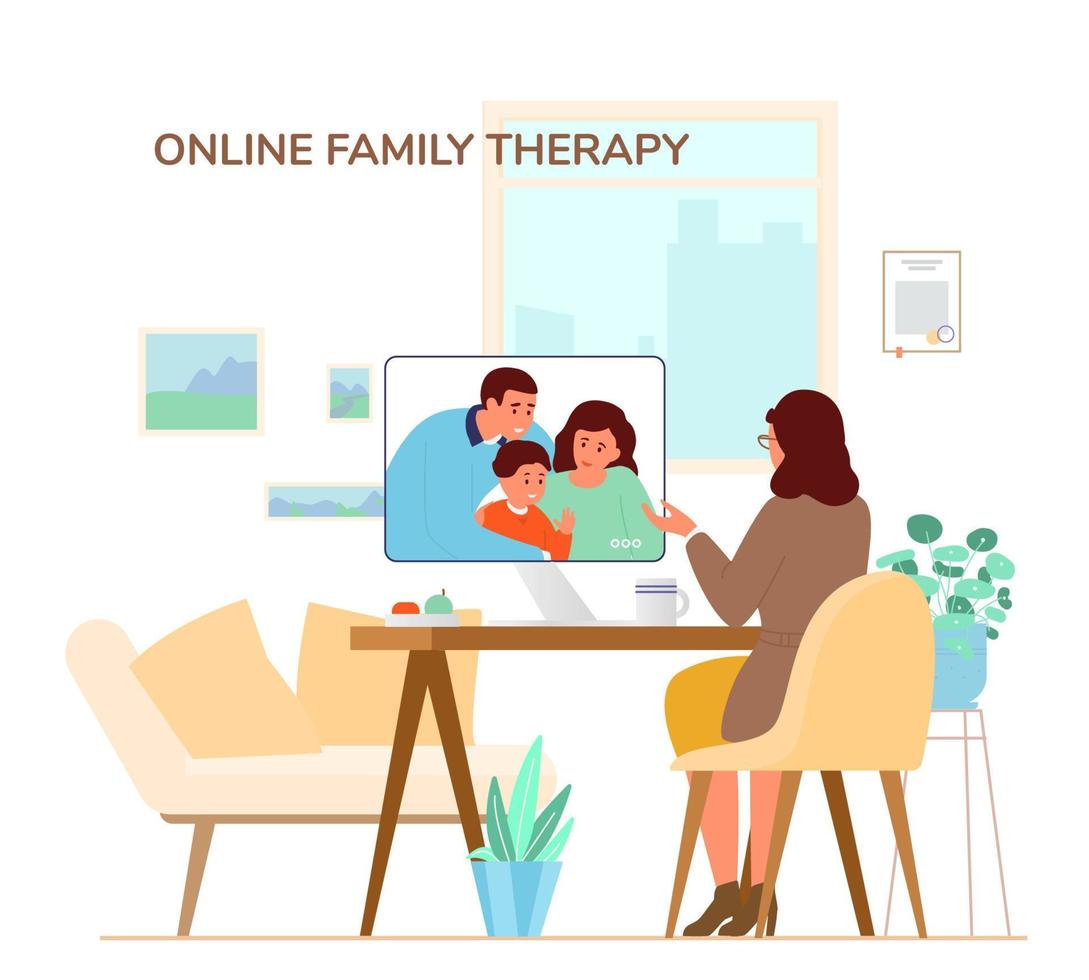 Online Family Therapy Concept Flat Vector Illustration.  Woman Psychologist Or Psychotherapis Giving Online Session By Videoconference From Her Office.