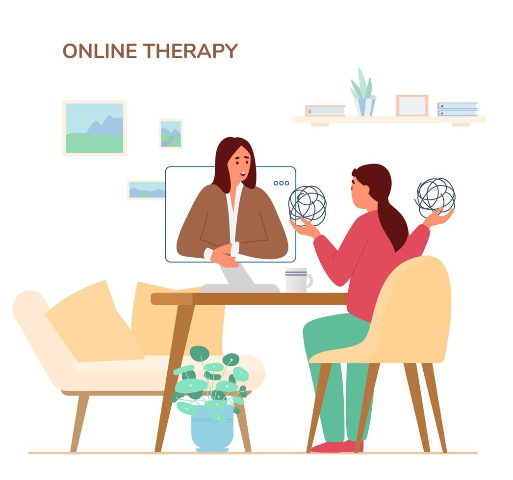 Online Psychotherapy Session Concept.Woman Talking About Her Problems To Woman Psychologist By Videoconference.  Flat Vector Illustration.