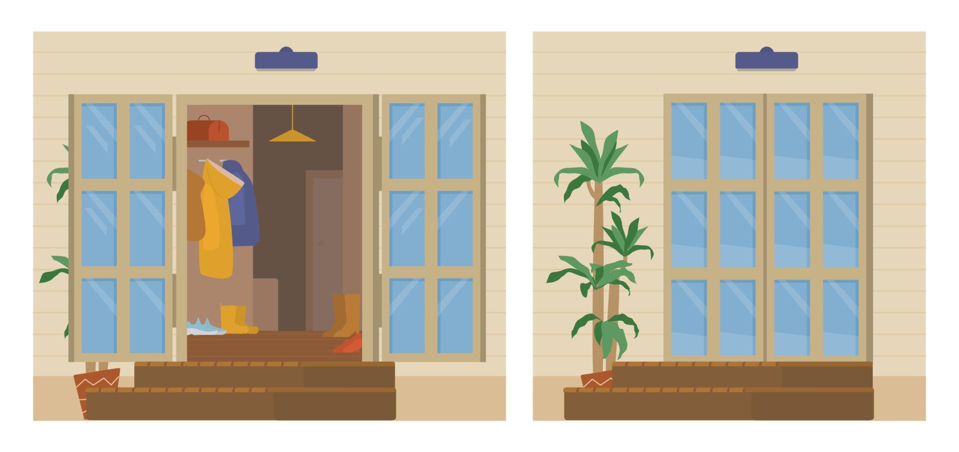 Opened And Closed Country House Entrance Door. Hallway With Clothing And Shoes. Flat Vector Illustration.