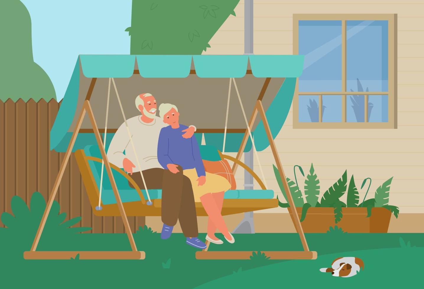 Senior Couple Resting In Garden Swing In The Backyard. Flat Vector Illustration.