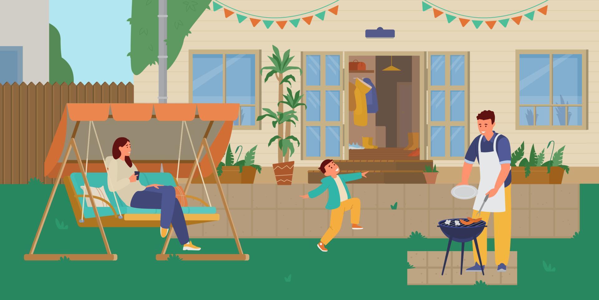 Family Having Grill Party In The Backyard. Patio Background. Flat Vector Illustration.