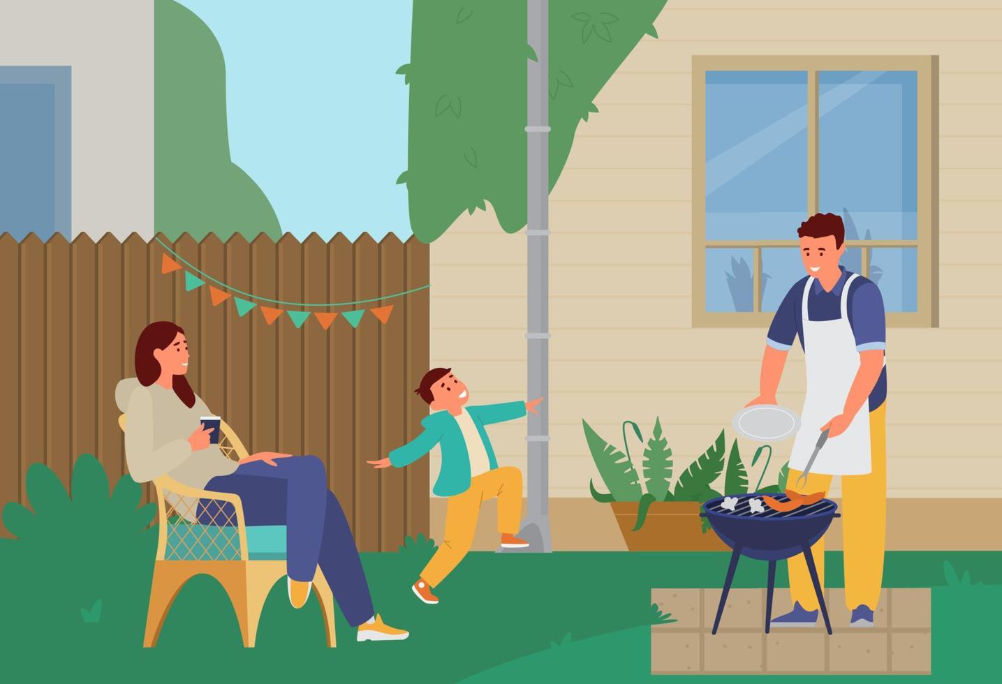 Family Having Grill Party In The Backyard. Flat Vector Illustration.