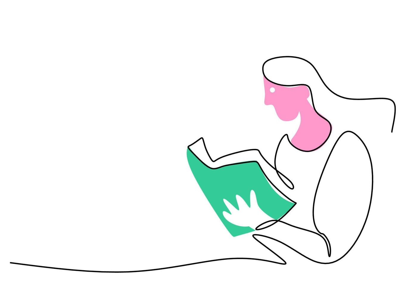 One continuous single line of woman read book on white background. vector