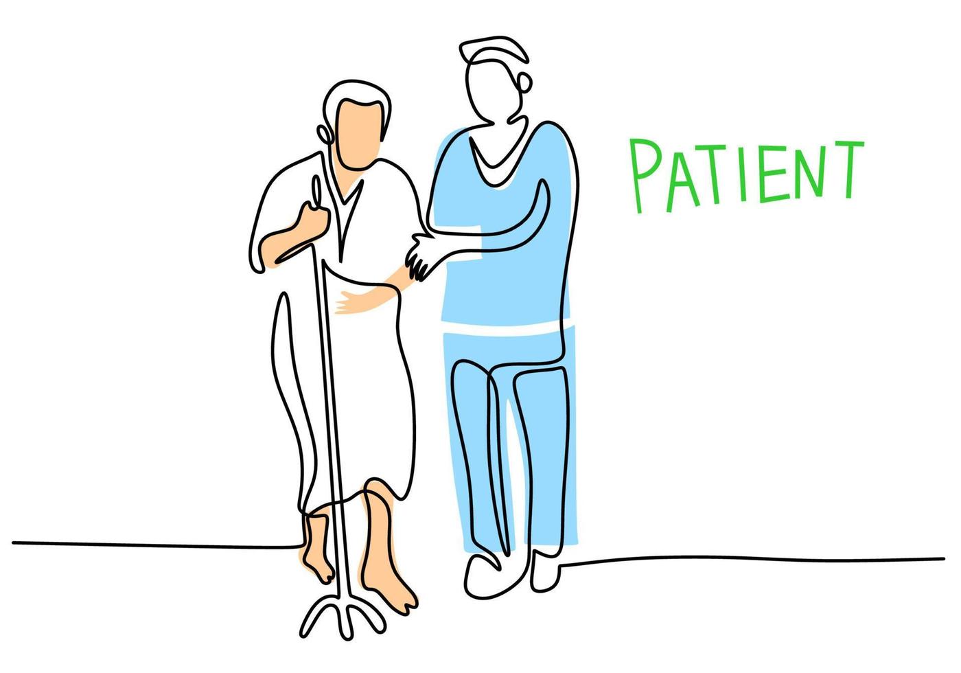 One continuous single line of doctor help patient on white background. vector