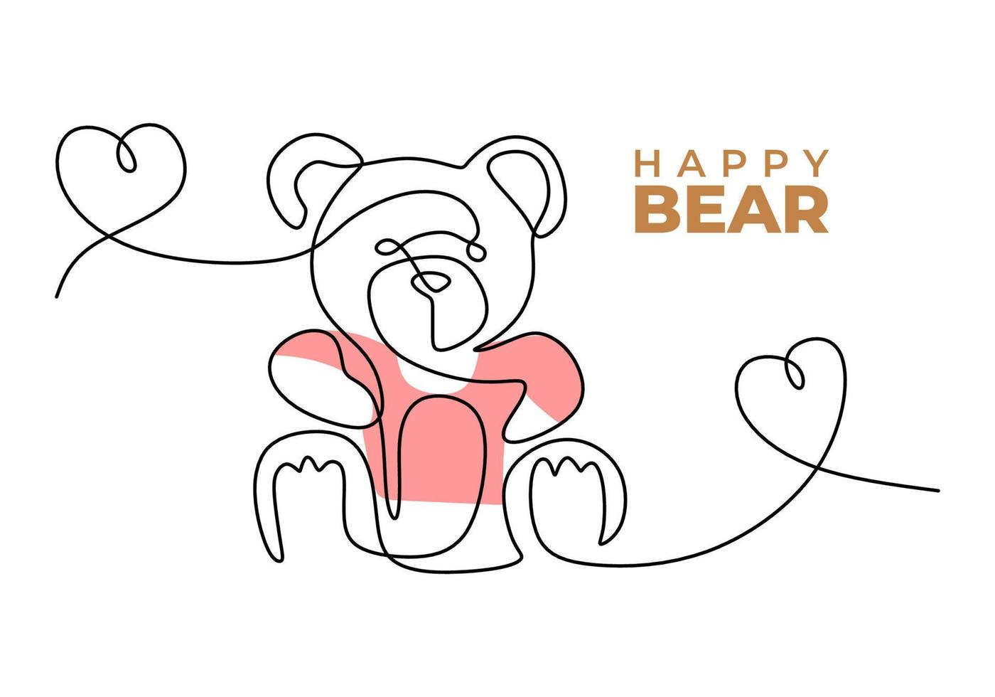 One continuous single line of happy teddy bear on white background. vector