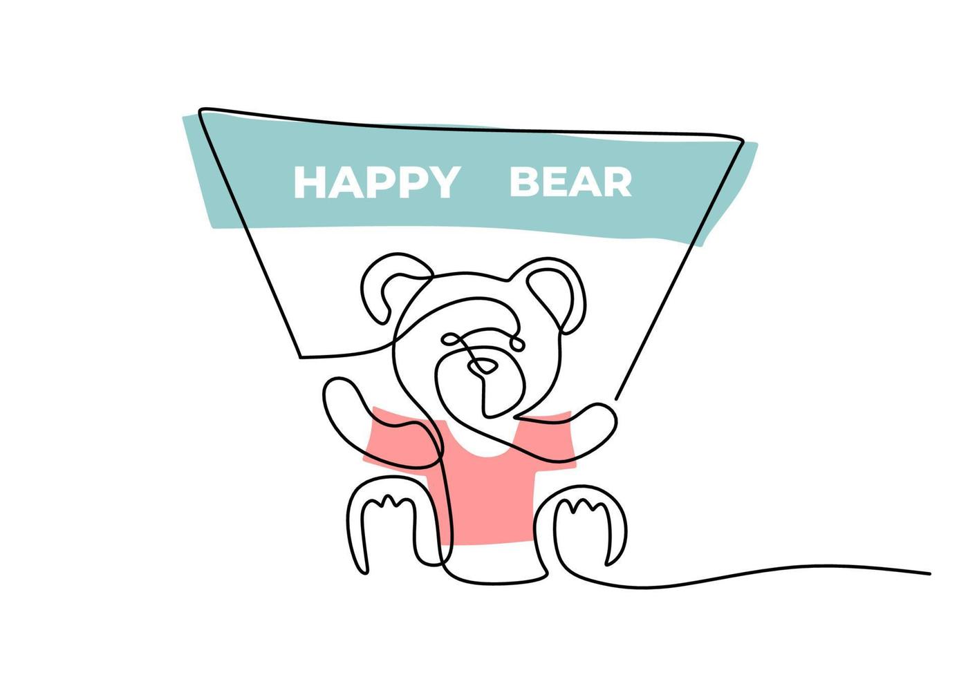 One continuous single line of happy teddy bear on white background. vector