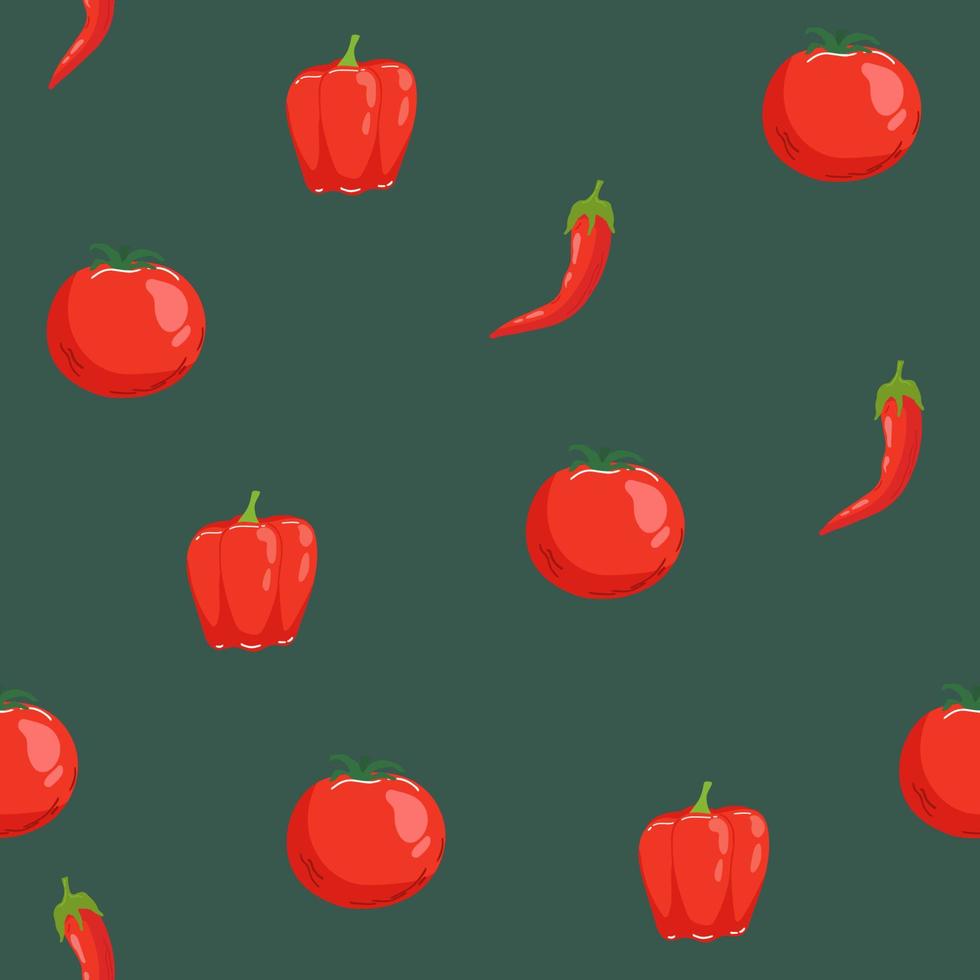 Tomatoes seamless pattern background. Flat color style design red chili. vector