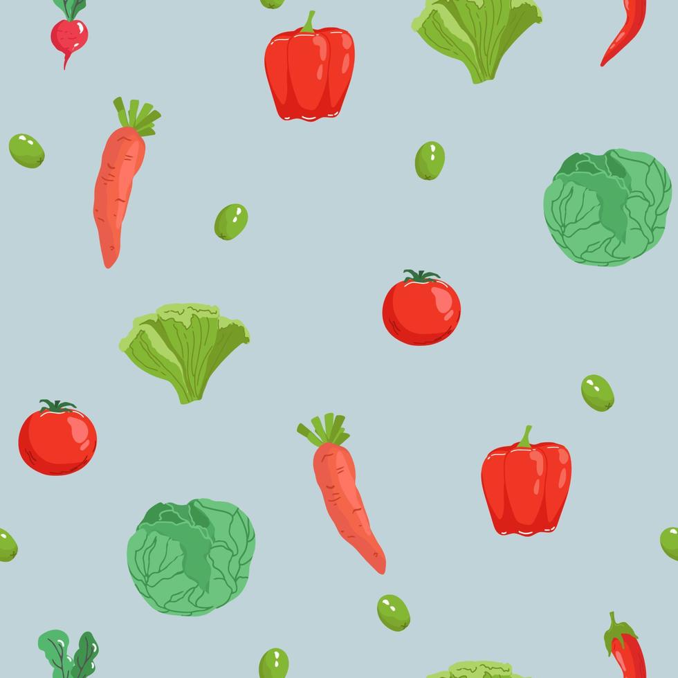 Seamless pattern with hand drawn colorful doodle vegetables. Sketch style vector set. Vegetables flat icons set.