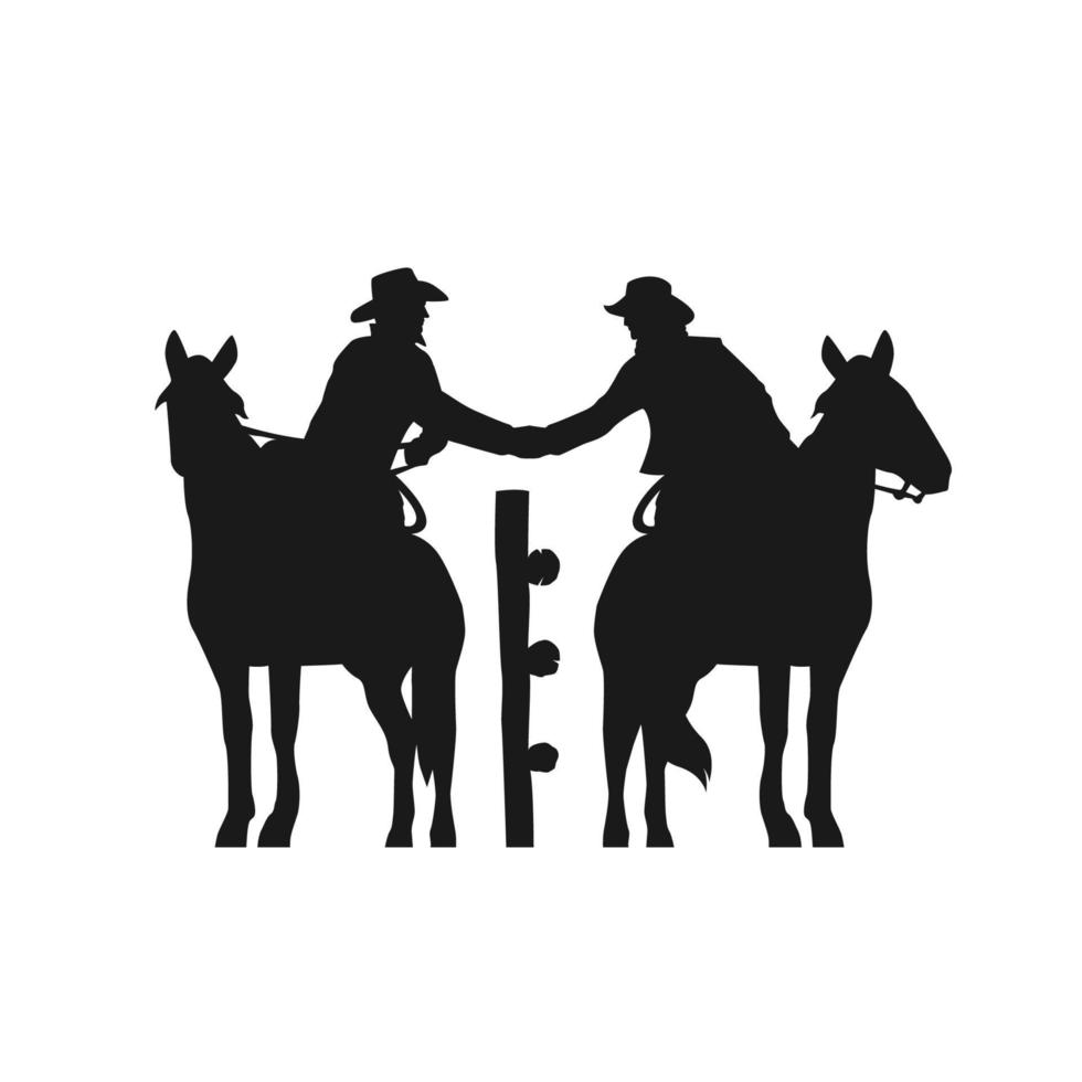 silueta de vaqueros montando un caballo hacer una ilustración de vector de apretón de manos