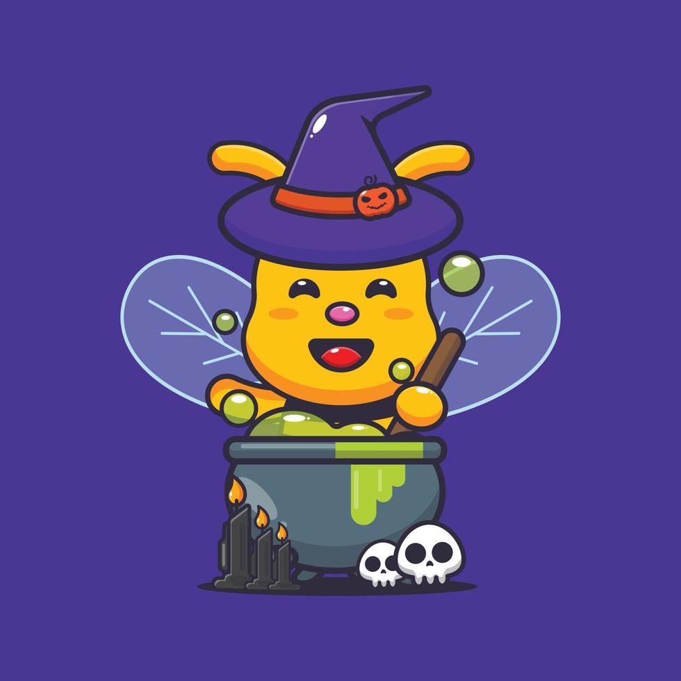 Cute witch bee making potion in halloween day. Cute halloween cartoon illustration. vector