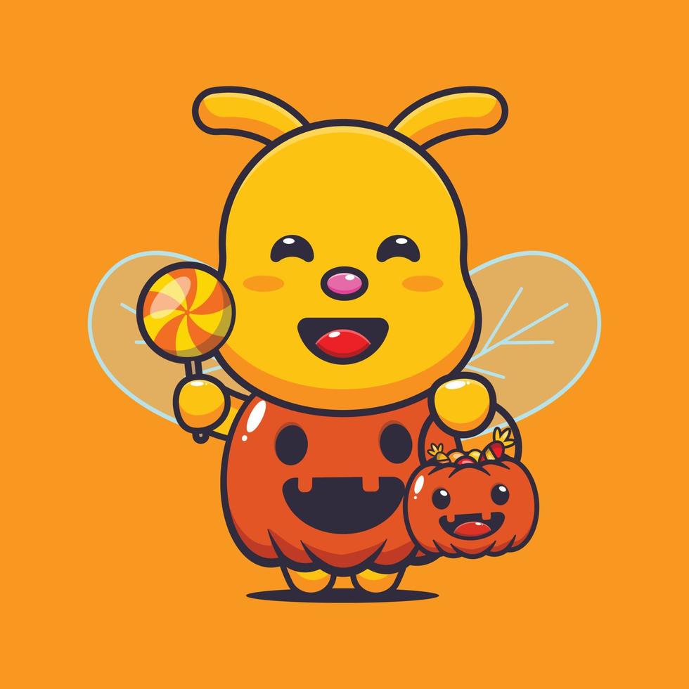 linda abeja con disfraz de calabaza de halloween. linda ilustración de dibujos animados de halloween. vector