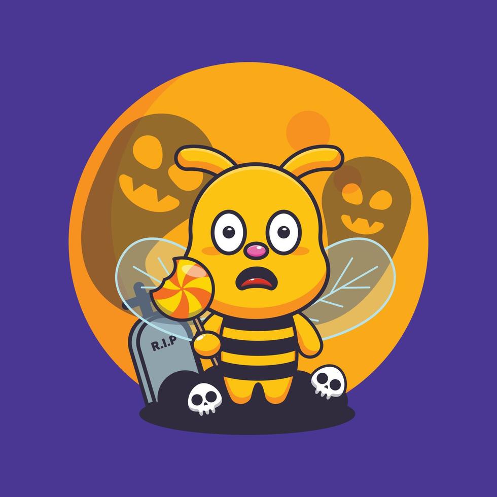 Cute bee scared by ghost in halloween day. Cute halloween cartoon illustration. vector