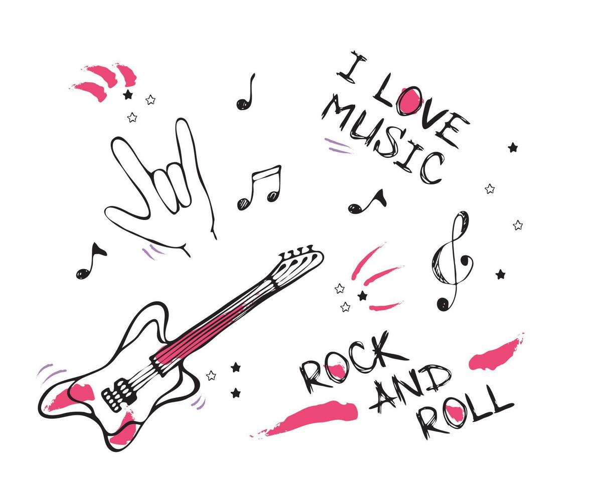 pancarta, afiche con notas musicales, guitarra, inscripciones me encanta la música y el rock and roll vector