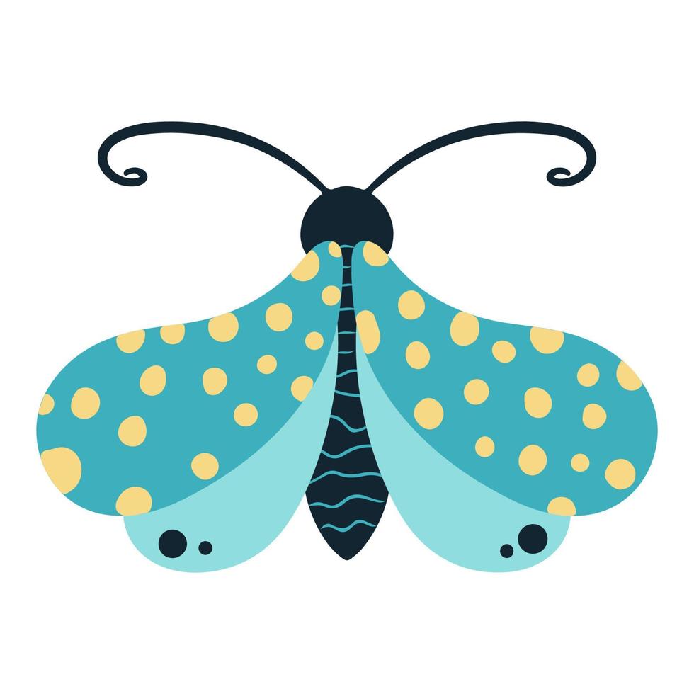 Tropical butterfly moth with multicolored wings and antennae isolated on a white background. Flying moth top view. An exotic spring insect. Vector illustration flat style