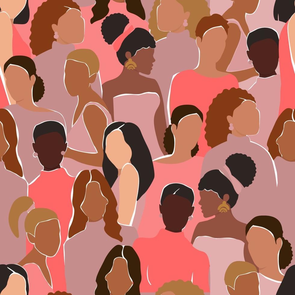 Seamless pattern with different women. Girls of different skin colors, nationalities, hairstyles and looks. The concept of equality, friendship, rights. Vector graphics.