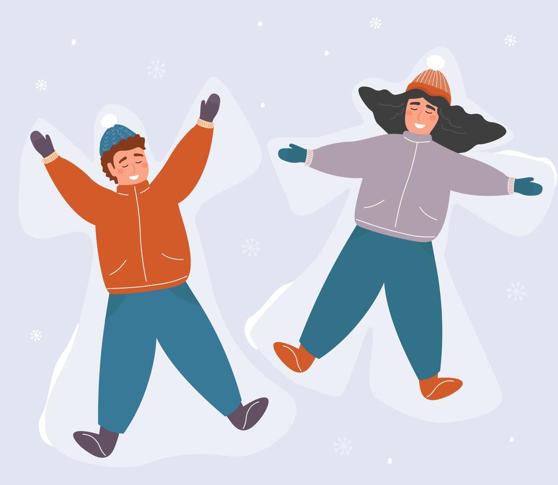 A guy and a girl make a snow angel, lying in the snow. Fun winter entertainment. A boy and a girl in warm clothes on the street. Vector graphics.