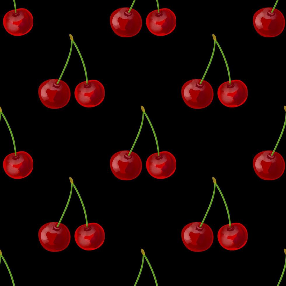 patrón sin fisuras con cerezas rojas sobre un fondo negro vector
