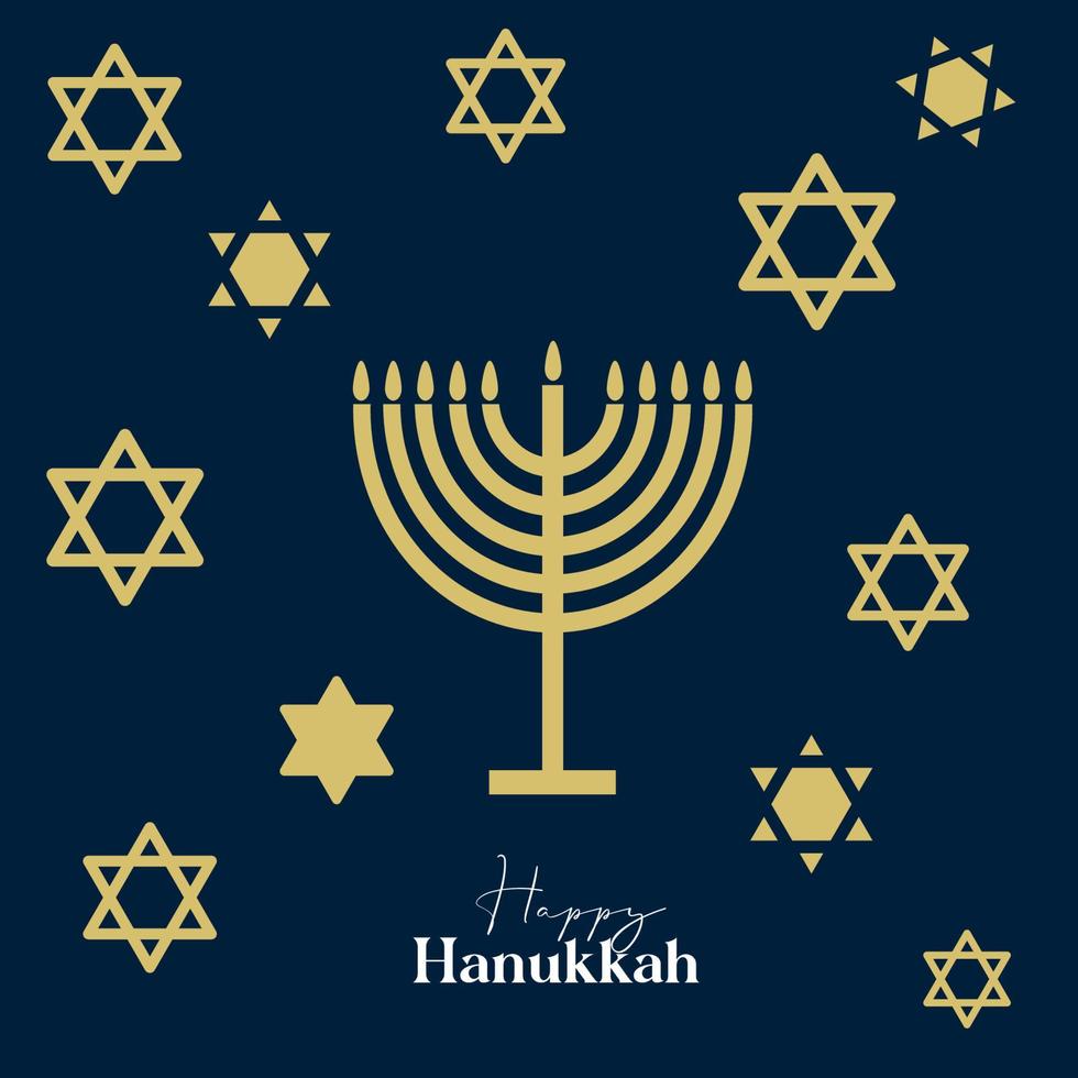 Happy Hanukkah card design with gold symbols on blue color background for Hanukkah Jewish holiday vector