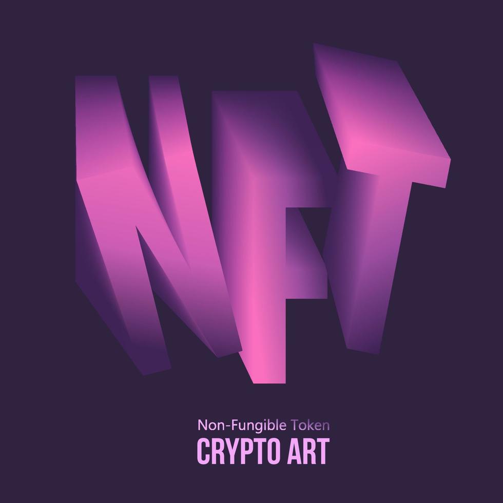 abreviatura púrpura nft texto de una ilustración en 3d criptografía de token no fungible sobre fondo oscuro. criptomoneda vectorial vector