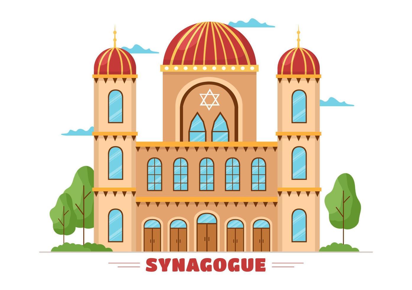 edificio de sinagoga o templo judío con lugar de culto religioso, hebreo o judaísmo y judío en plantilla ilustración plana de dibujos animados dibujados a mano vector