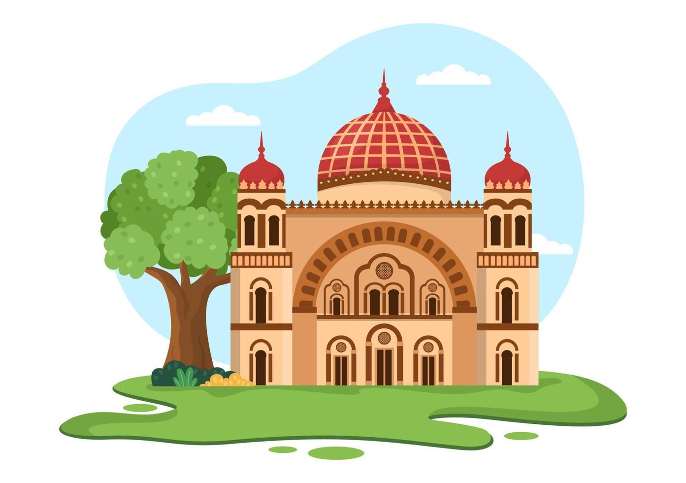 edificio de sinagoga o templo judío con lugar de culto religioso, hebreo o judaísmo y judío en plantilla ilustración plana de dibujos animados dibujados a mano vector