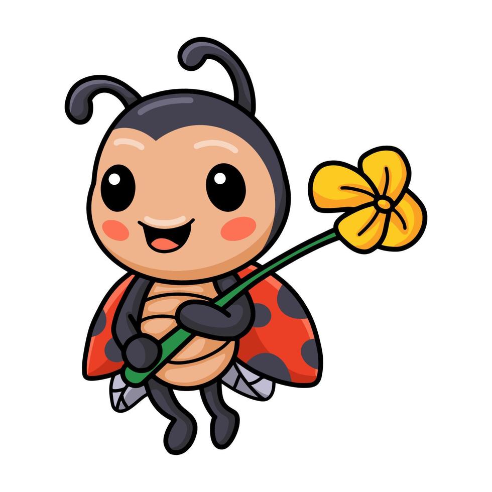 linda pequeña caricatura de mariquita con flor vector