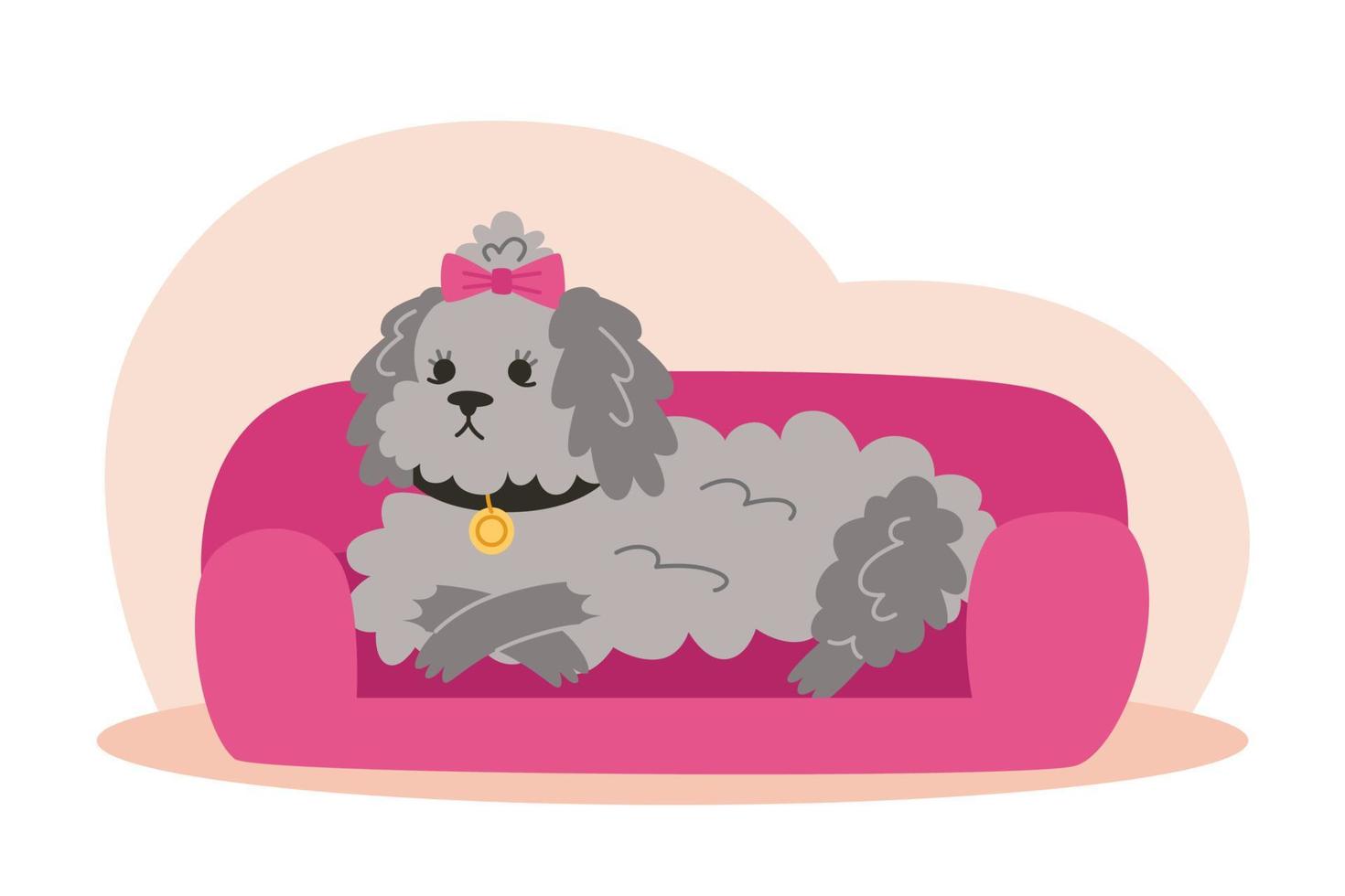 Curly dog lying on pet bed illustration in flat style vector