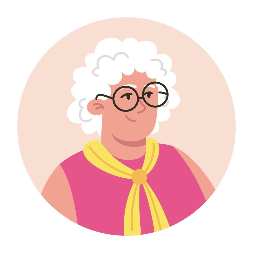 mujer mayor con retrato de gafas, avatar en estilo plano vector