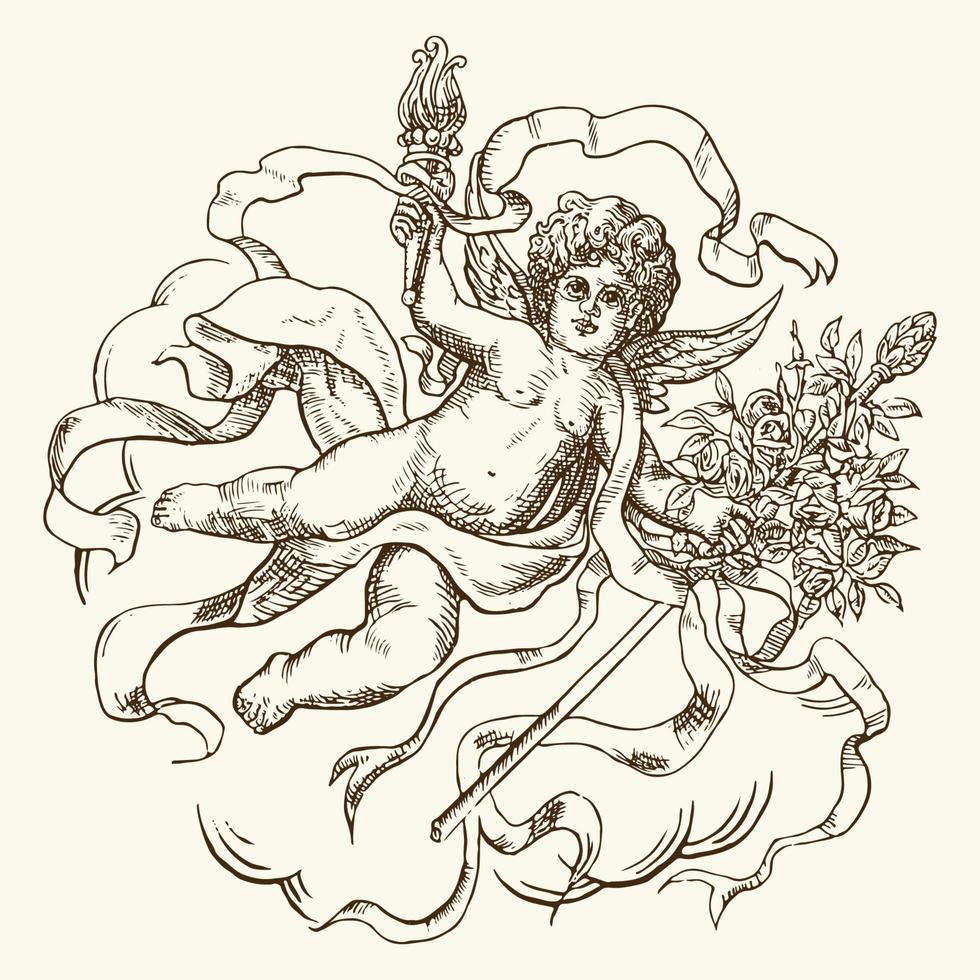Cherub Angels Engraved Illustration, Cupids engraving ornament antique style vector