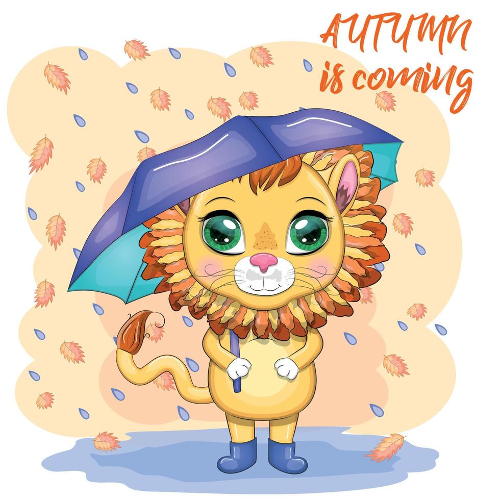 Cartoon lion with umbrella. Autumn character and postcard is coming. vector