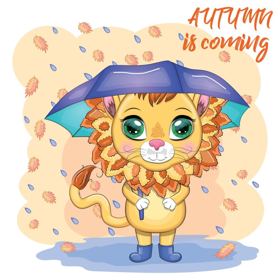 Cartoon lion with umbrella. Autumn character and postcard is coming. vector