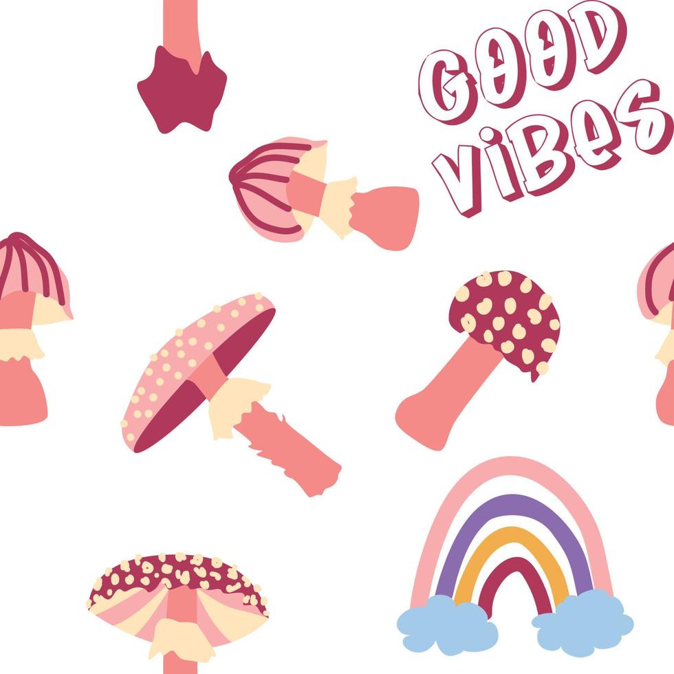 Magic psychedelic drug mushrooms, Chamomile, rainbow seamless pattern. Psychedelic hallucination. 60-70s hippie vector