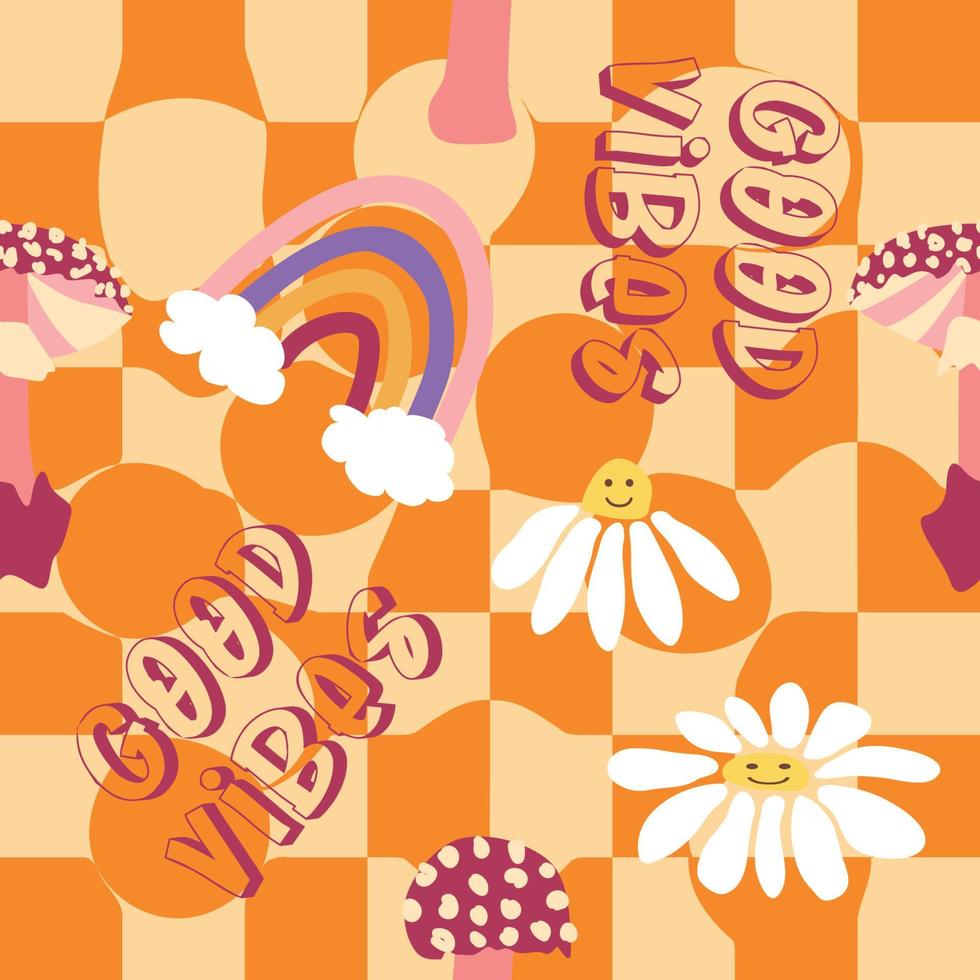 Magic psychedelic drug mushrooms, Chamomile, rainbow seamless pattern. Psychedelic hallucination. 60-70s hippie colorful art. Vintage psychedelic textile vector