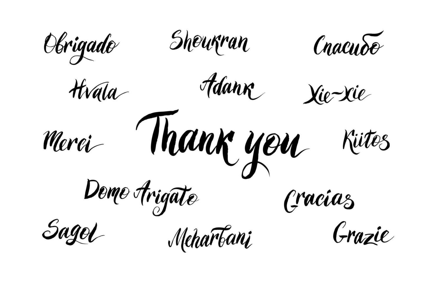 the word thank you in different languages such as - Arabic, Croatian, Chinese, French, Portuguese, Finnish, Japanese, English, Russian, Spanish, Turkish vector