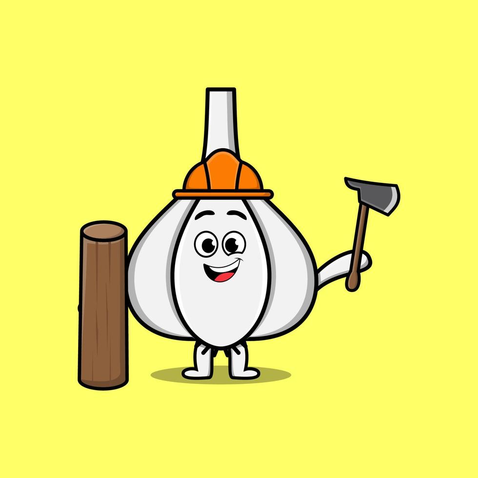 Cute cartoon Garlic as carpenter with ax and wood vector