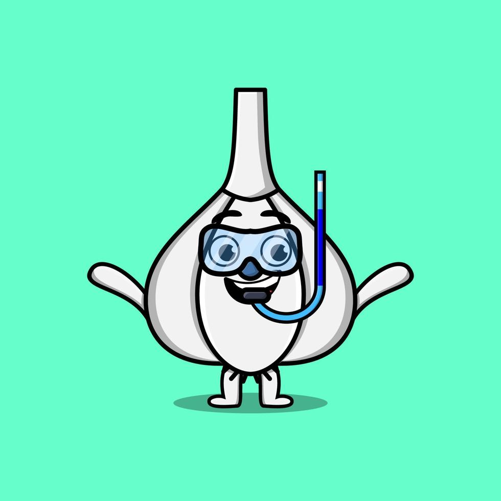 Cute cartoon Garlic diver with swimming glass vector