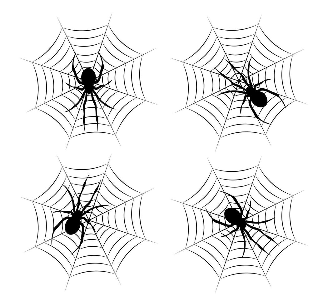 Spider on web silhouette set.Halloween monochrome spider web and spiders isolated on white background. vector
