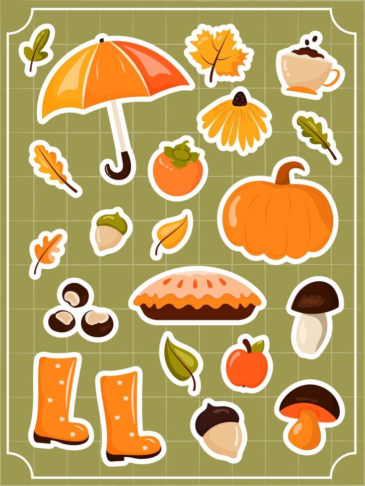 Colorful cute and cozy autumn set on a green checkered background. Leaves, umbrella, coffee, persimmon, rudbeckia, pumpkin, chestnuts, apple pie, mushrooms, apple, acorn, rubber boots. vector