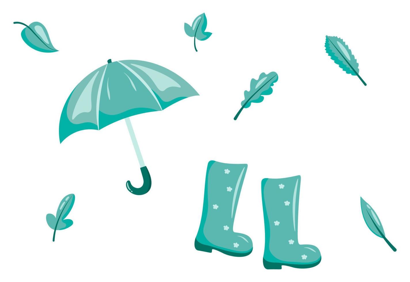 Cute rubber boots and umbrellas with leaves set on white background. Flat design style and autumn accessory concept fashion sign vector illustration.