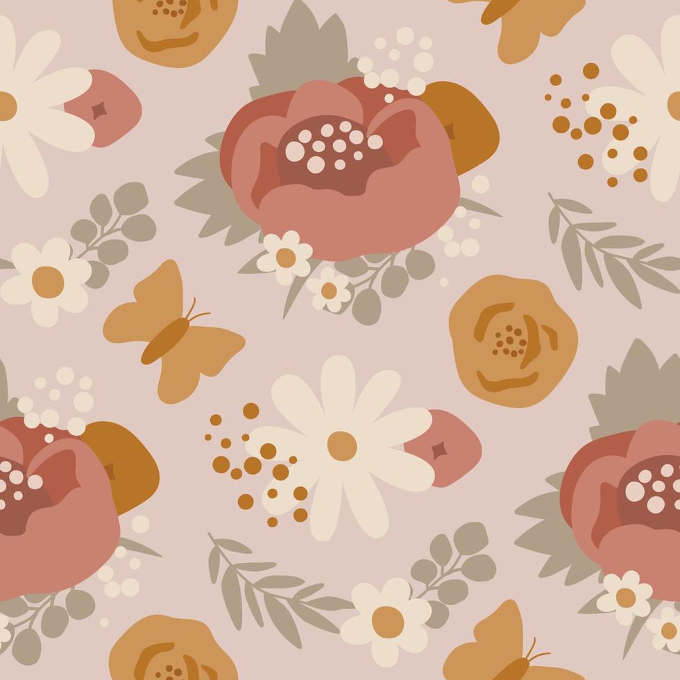Boho peony pattern. Patel boho floral summer print. Earth tone